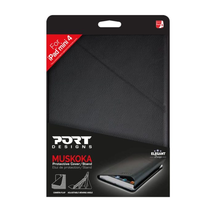 Port Designs' Muskoka 4" Tablet Case is a protective case for your Apple iPad Mini 4. Its casing is made from durable shell molded ABS and coated in sleek faux leather. This case can be used as a video booth for your tablet with 100% adjustable viewing angle.