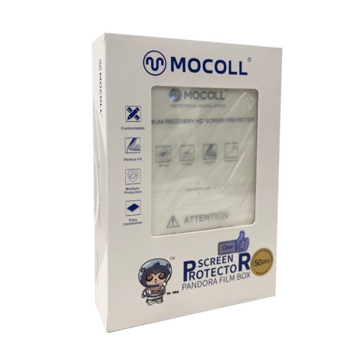 Protect your device screens with the Mocoll Recover Film Screen Protector Pandora Film Box. It features 50 sheets of clear premium TPU screen protector films which offer protection against impacts