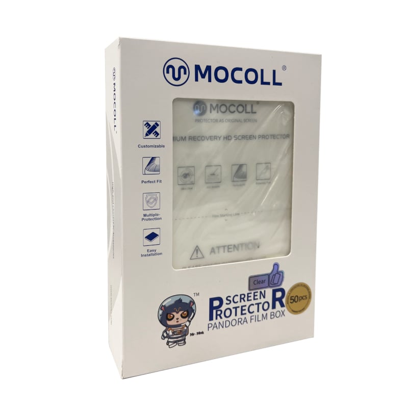 Protect your device screens with the Mocoll Recover Film Screen Protector Pandora Film Box. It features 50 sheets of clear premium TPU screen protector films which offer protection against impacts