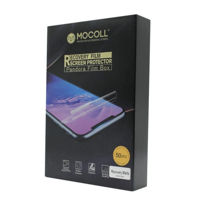 Protect your device screens with the Mocoll Recover Film Screen Protector Pandora Film Box. It features 50 sheets of matte premium TPU screen protector films which offer protection against impacts