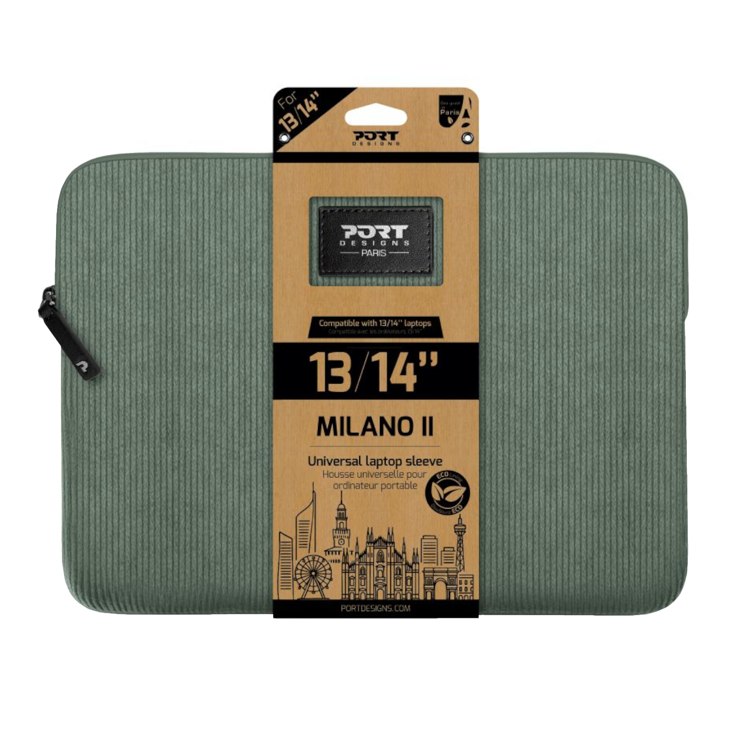 Port Designs Milano II Eco 13/14" Universal Laptop Sleeve - Sage Green | 140722 Port Designs Milano II Eco 13/14" Universal Laptop Sleeve - Sage Green - Image 1