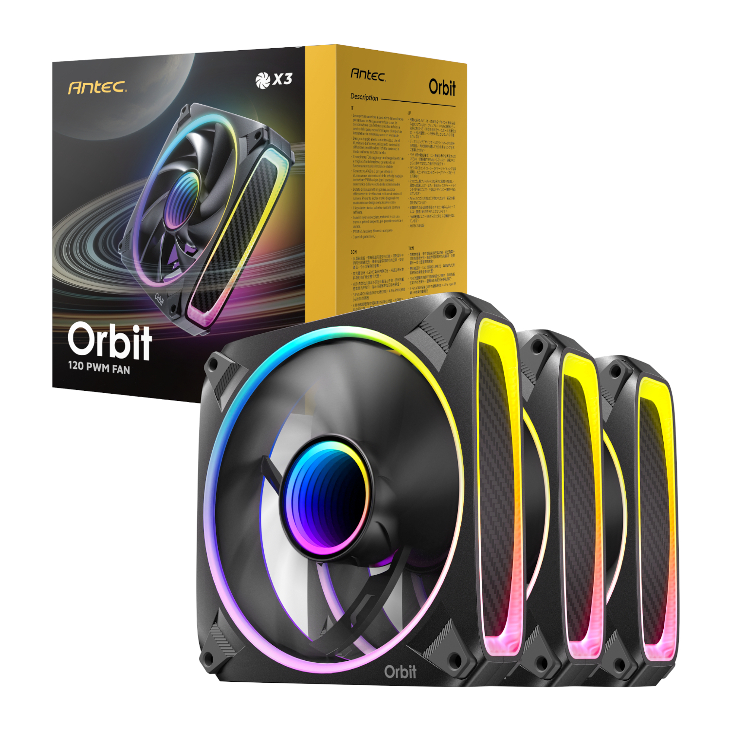 Antec ORBIT PWM 120mm ARGB Fan 3 Pack - Black | ORBIT 120 3PK Antec ORBIT PWM 120mm ARGB Fan 3 Pack - Black - Image 1