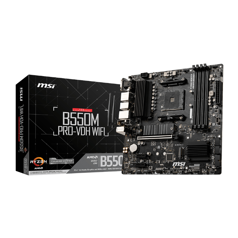 MSI B550M PRO-VDH WIFI AMD AM4 MATX Gaming Motherboard | B550MPRO-VDHWIFI The MSI B550M PRO-VDH Wi-Fi AM4 mATX Motherboard is built with a variety of features designed to satisfy DIY users. It features enhanced audio