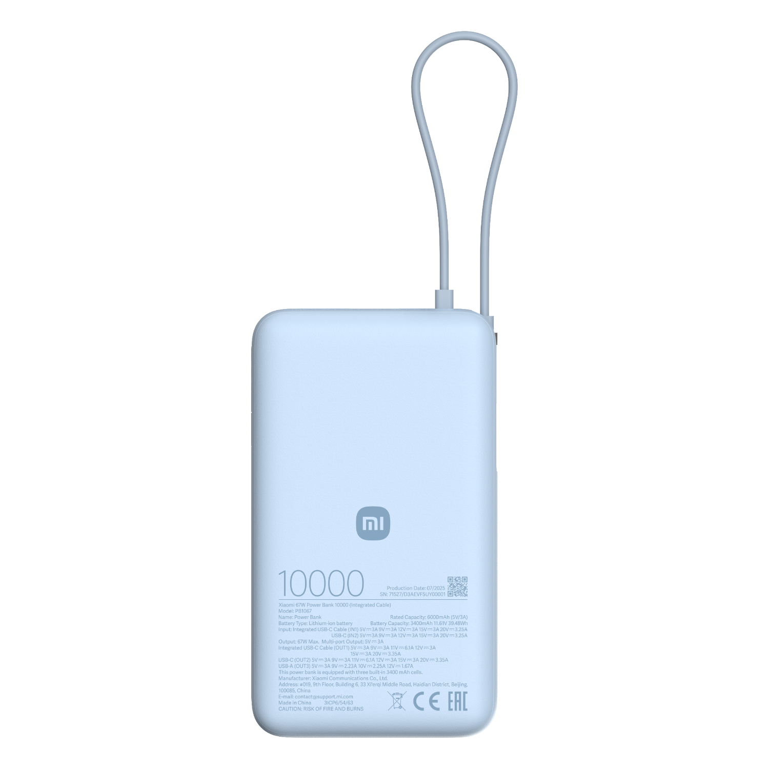 Xiaomi 67W Power Bank 10000mAh (Integrated Cable) - Ice Blue | BHR08NZGL Xiaomi 67W Power Bank 10000mAh (Integrated Cable) - Ice Blue - Image 1
