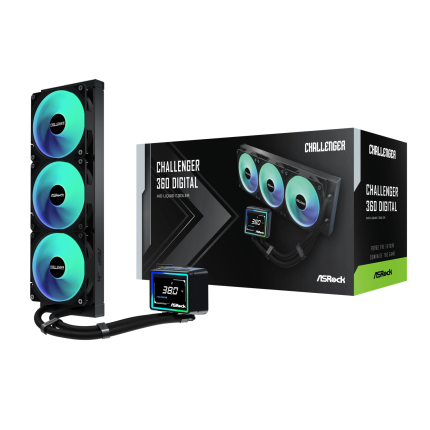 360mm AIO liquid cooling | LCD pump head display | ARGB-lit triple-fan radiator | All-black design