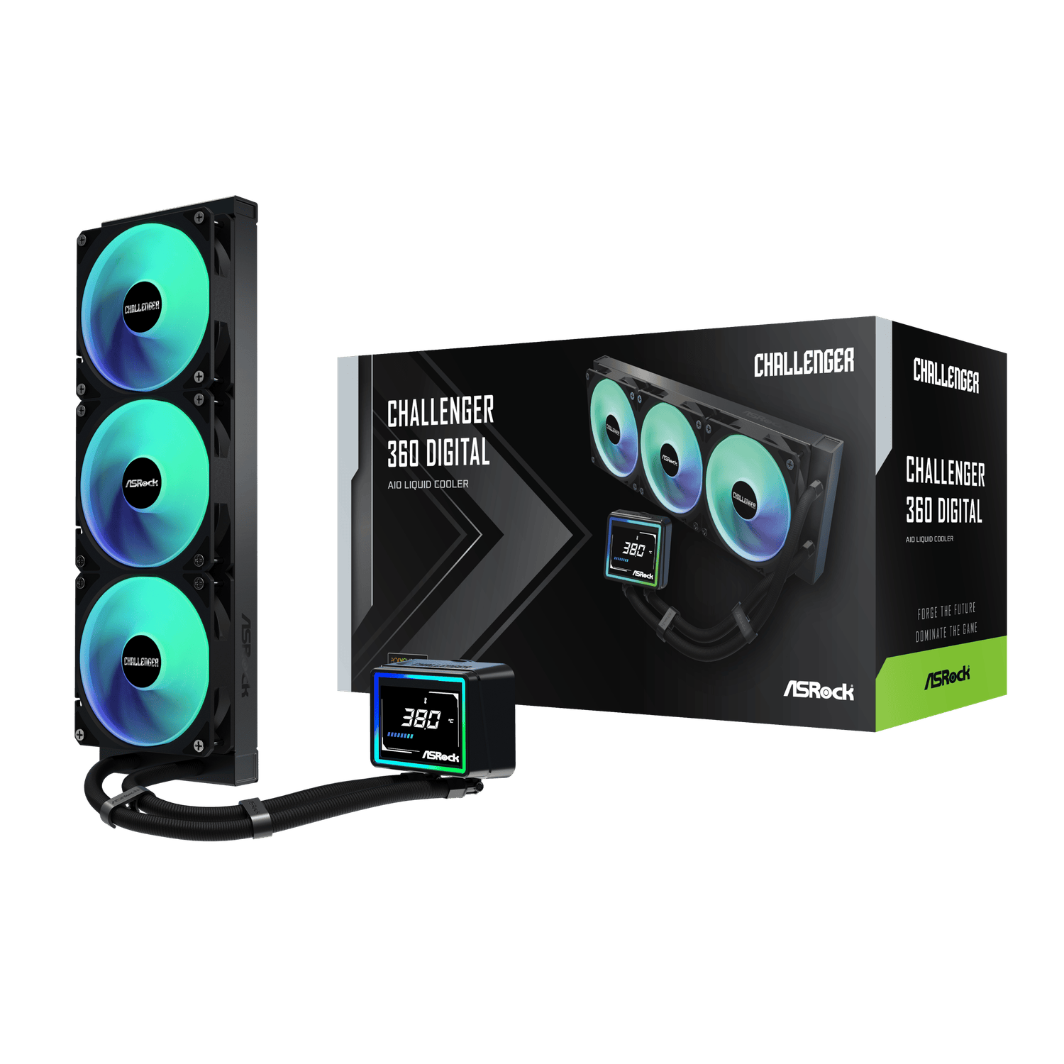 ASRock Challenger 360 Digital AIO Liquid Cooler - Black | CHALLENGER-360-DIGITAL 360mm AIO liquid cooling | LCD pump head display | ARGB-lit triple-fan radiator | All-black design