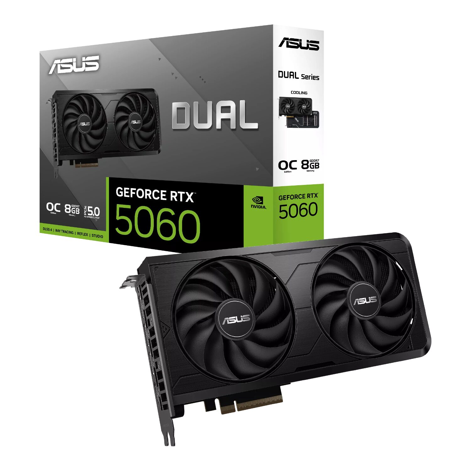 ASUS GF RTX 5060 DUAL 8G OC EVO | DUAL-RTX5060-O8G-EVO NVIDIA Blackwell gaming in a compact package | 8 GB GDDR7 at 28 Gbps | 2.1-slot