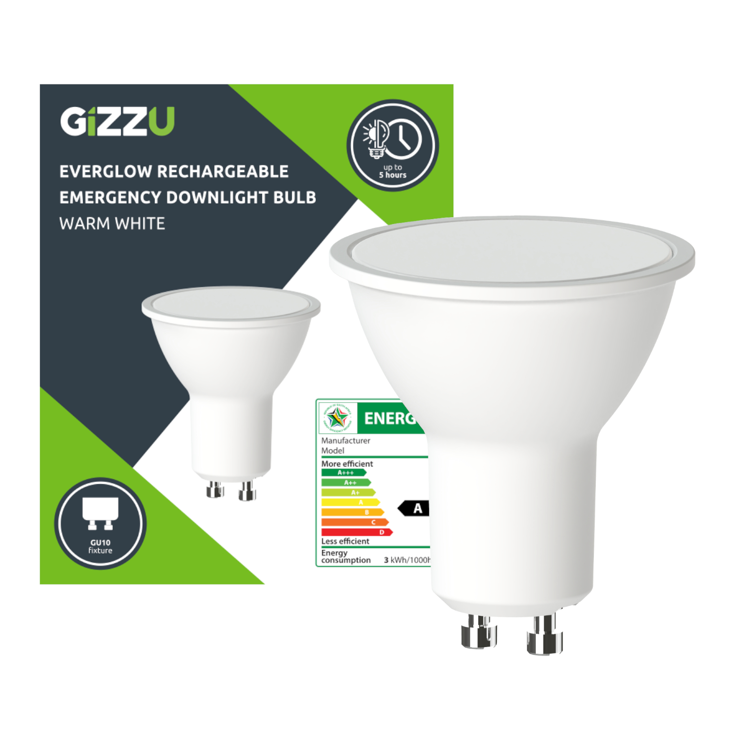 Gizzu Everglow Rechargeable Warm White Emergency Downlight Bulb | GEB3WGU10 Gizzu Everglow Rechargeable Warm White Emergency Downlight Bulb - Image 1