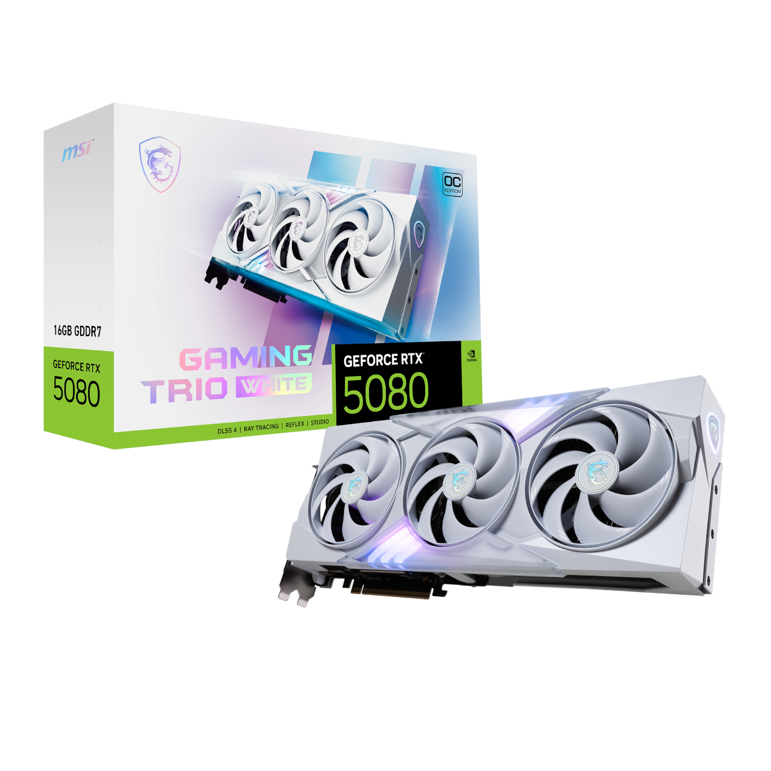 MSI GeForce RTX 5080 GAMING TRIO OC 16G Graphics Card - White | RTX5080GAMINGTRIOOC16GBWH MSI GeForce RTX 5080 GAMING TRIO OC 16G Graphics Card - White - Image 1