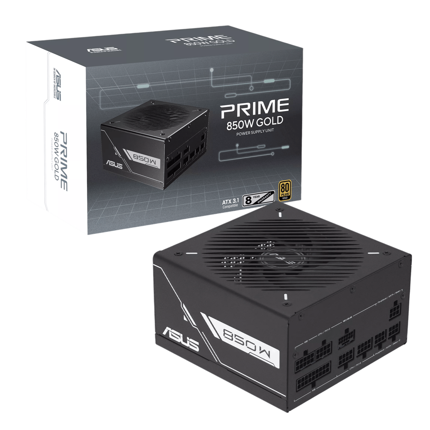 ASUS Prime 850W 80PLUS Gold Black Edition PCIe 5.0 Modular Power Supply | PRIME-850G 850W of Gold-certified power | ATX 3.1 & PCIe 5.1 ready | Fully modular etched cables | Dual-ball bearing fan | 8-year warranty